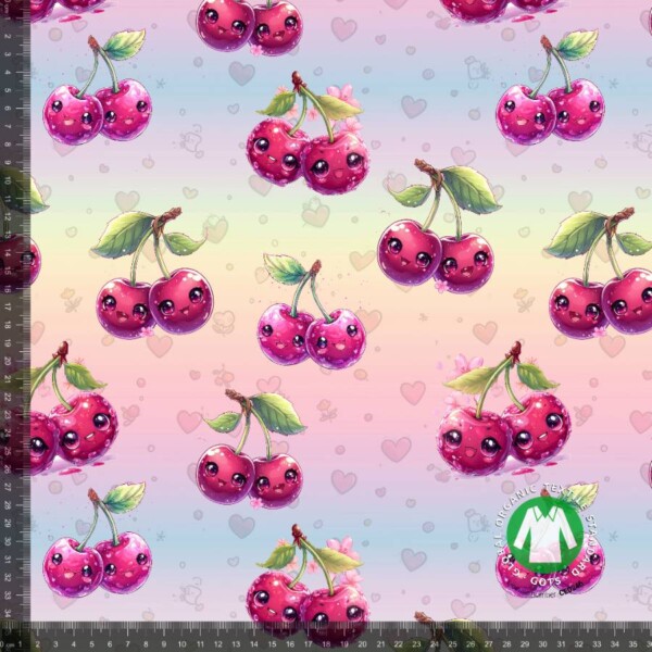 Jersey print med søde hjerter og kirsebær - pastel