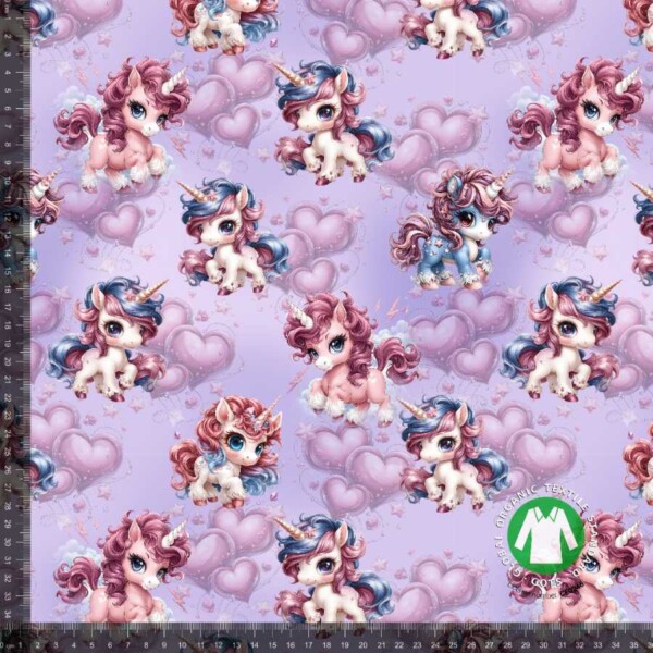 Jersey print med søde enhjørninger og hjerter
