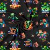 Nærbillede af gamer pixel digitalprint på sort jersey stof -- 95% bomuld 5% lycra