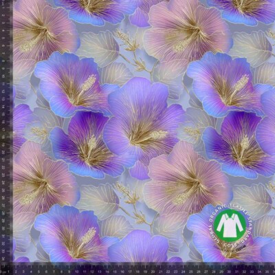 Jersey print med lilla -guld hibiscus blomster