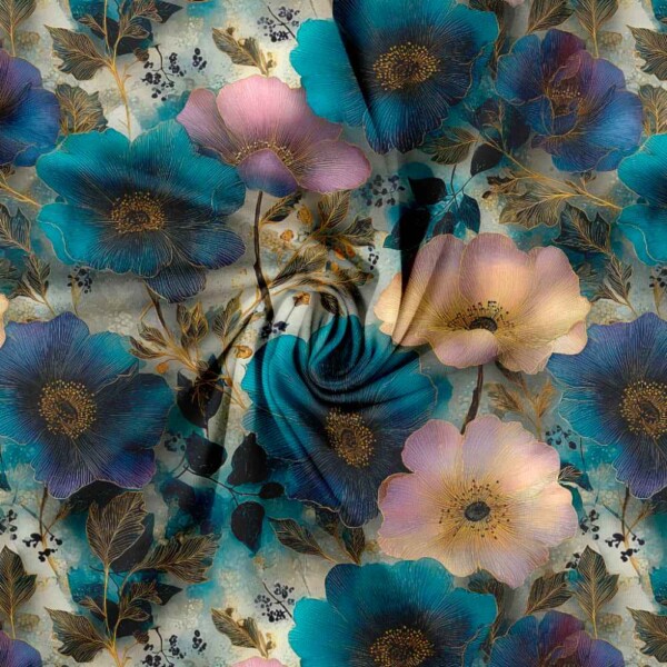 Blomsterprint på bomuldsjersey petrol 160 cm bred Oekotex