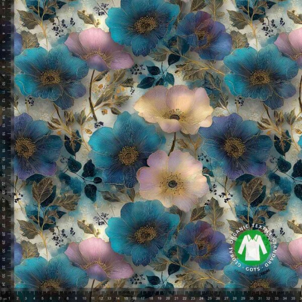 Jersey print med petrol og guld blomster digitalprint jersey 220 g/m²