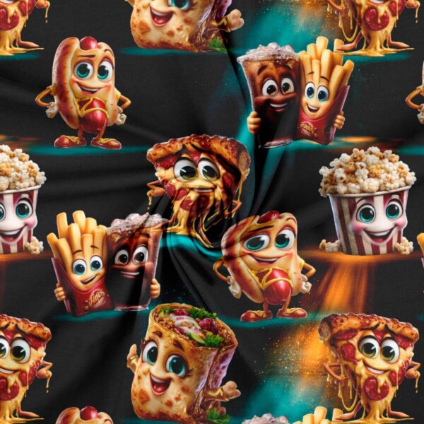 Detalje af digitalprint jersey med mad tema i bomuld og lycra