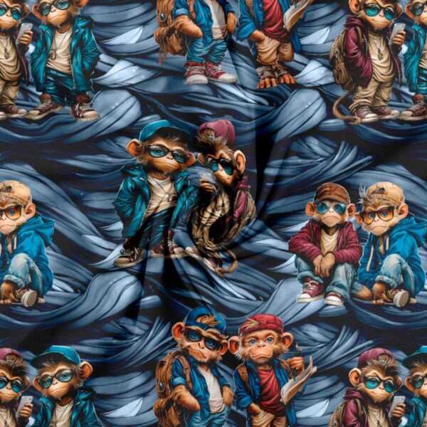Detalje af jersey print med seje aber på 160 cm bredde