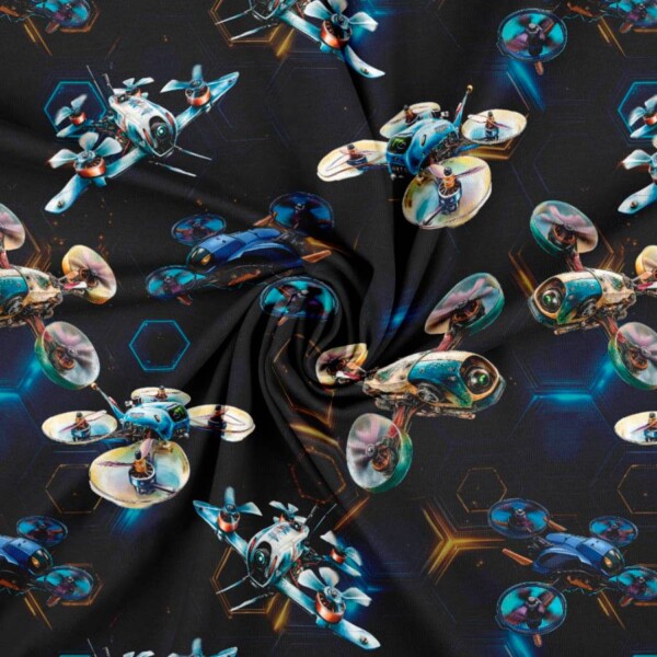 Digitalprint jersey stof med droner til børnetøj og unisex