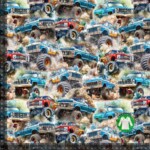 Jersey print med monstertrucks digitalprint på bomuld/lycra