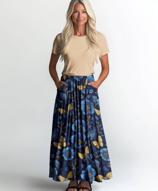 Digital print jersey fabric with blue flowers and gold details