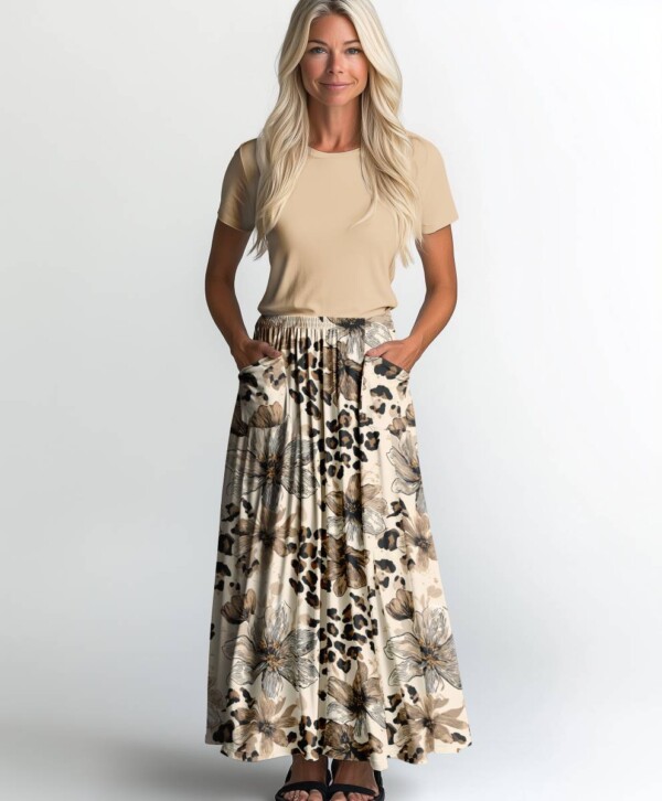 Digital print jersey fabric with leopard and flowers on a white background