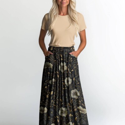 Jersey print med elegante guld blomster - Billede 2