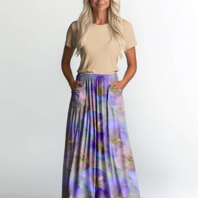 Jersey print med lilla -guld hibiscus blomster - Billede 2