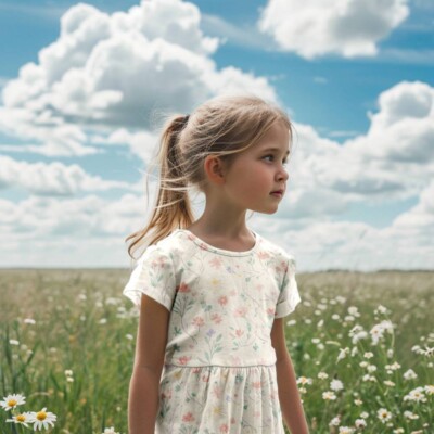 Jersey print med små minimalistiske blomster - pastel - Billede 2