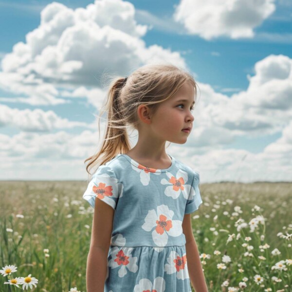 Detalje af digitalprint jersey med små retro blomster - blå