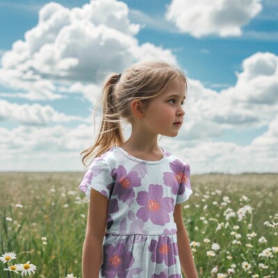 Jersey print med små retro blomster - lilla - Billede 2