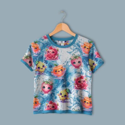 Detalje af frugtprint på blå digitalprint jersey 220 g/m²