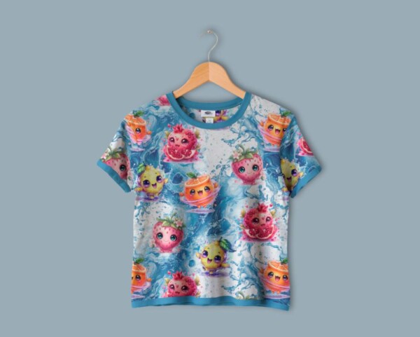 Detalje af frugtprint på blå digitalprint jersey 220 g/m²
