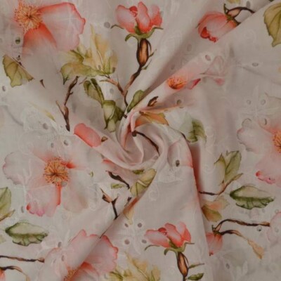 100% bomuld med broderi og blomster - rosa