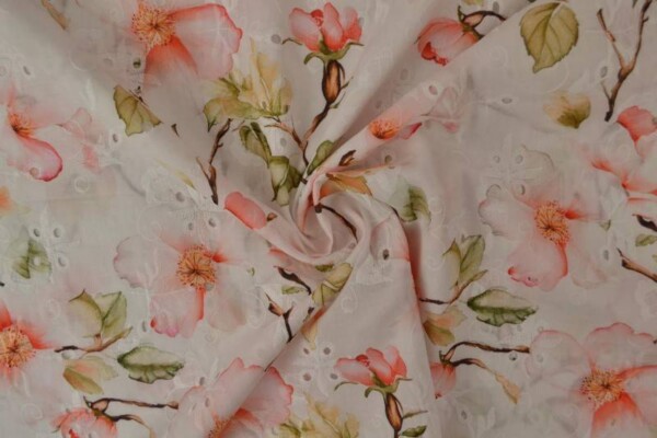 100% bomuld med broderi og blomster i rosa vævet bomuldslærred