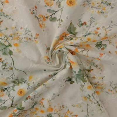 100% bomuld med broderi og blomster - blågul