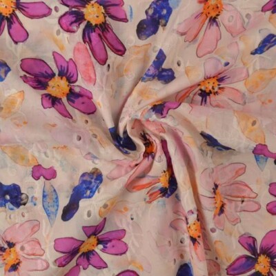 100% bomuld med broderi og blomster - fuchsia