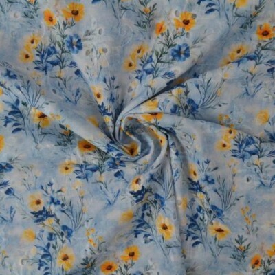 100% bomuld med broderi og blomster - blå