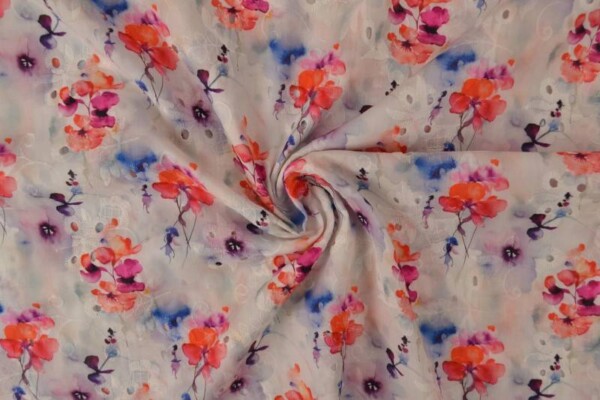 100% bomuld med broderi og blomster i rød, 145 cm bred