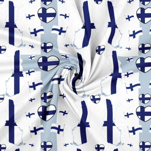 Finland-teemainen jerseyprintti valkoisella pohjalla, 95% puuvillaa, 5% lycraa