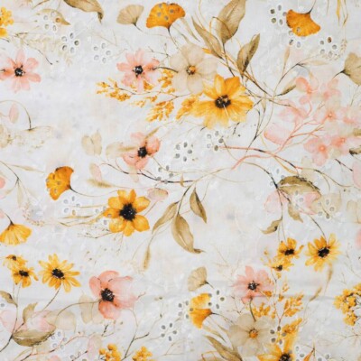 100% bomuld med broderi og forårsblomster - gul