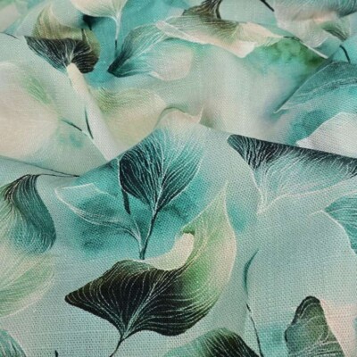 Viscose / hør print med flotte blade - mint