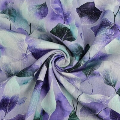 Viskoosi / pellava painatus kauniilla lehdillä - violetti - Image 3