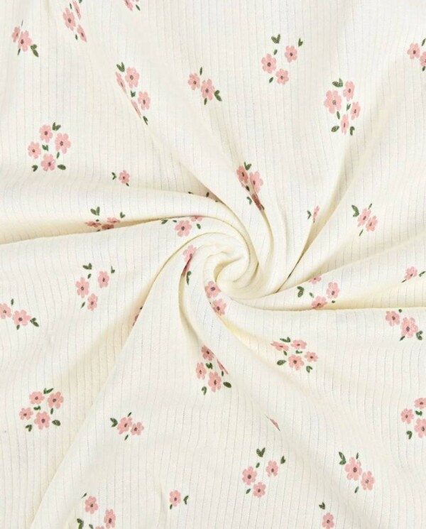 Detail of rib structure in light pink floral digital print