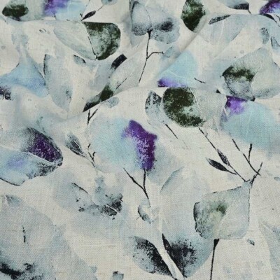 Viscose / hør print med flotte blade - blå / lilla