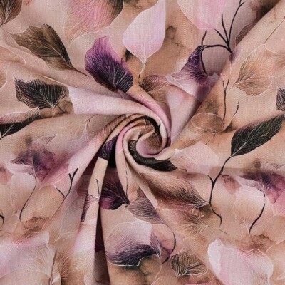 Detalje af bladprint i fuchsia på viscose/hør metervare
