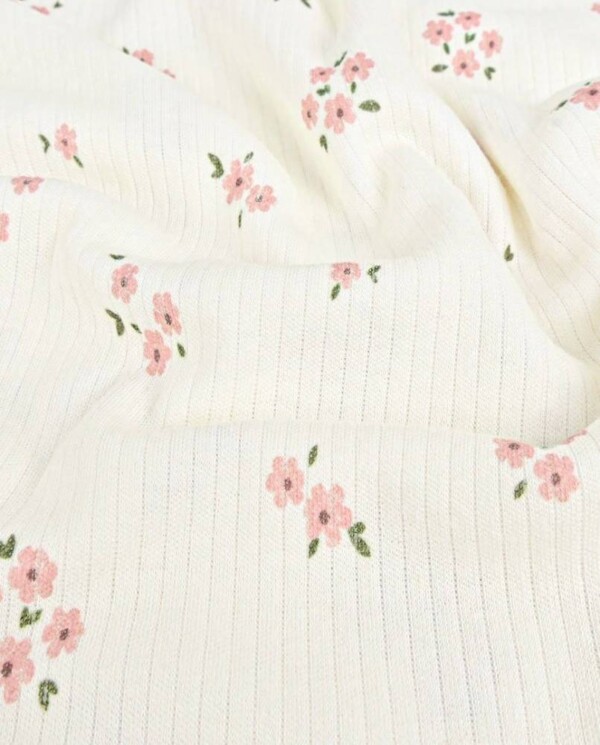 Floral print rib knit cotton jersey light pink 150 cm wide