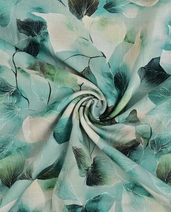 Vævet viscose/hør metervare med bladprint i mint fra Jydsk Stoflager