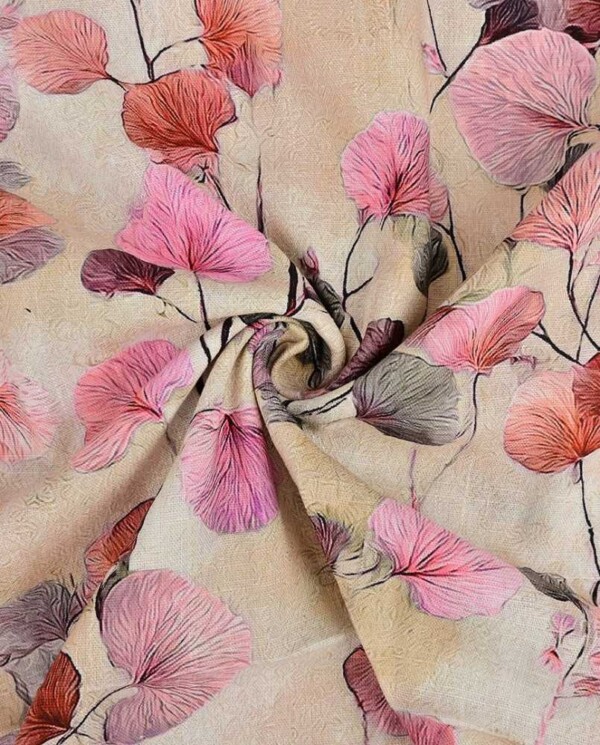 Detalje af vævet hør/viscose med pink blade