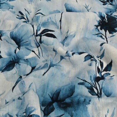 Viscose / hør print med flotte blade - blå