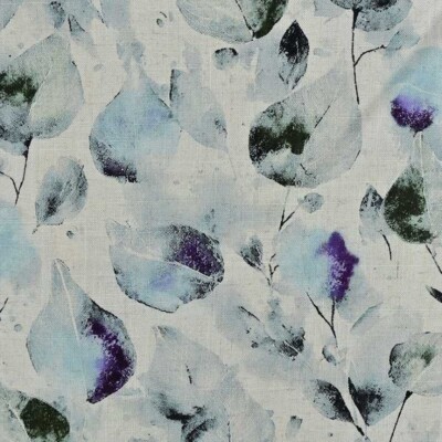 Viscose / hør print med flotte blade - blå, lilla