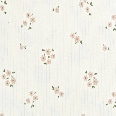 Rib-strik i bomuld med blomster - rosa