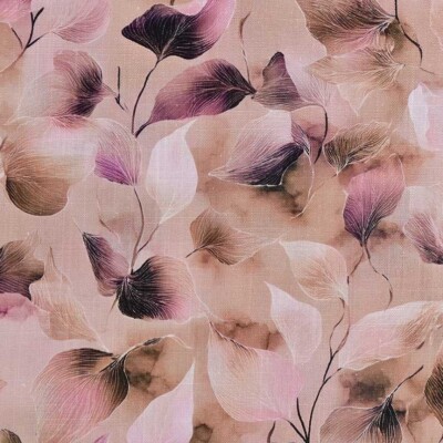 Viscose / hør print med flotte blade - fuchsia