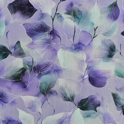 Viscose / hør print med flotte blade - lilla