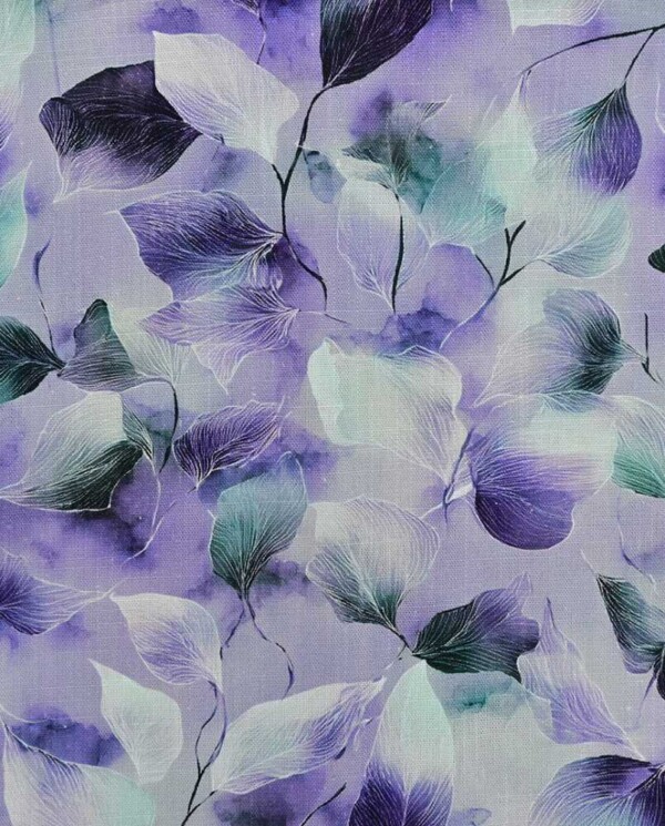 Viskoosi / pellava painatus kauniilla lehdillä - violetti