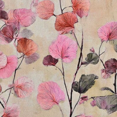 Viscose / hør print med flotte blade - pink