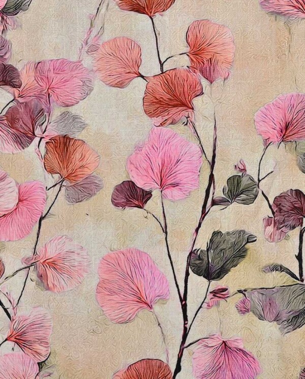 Vævet viscose/hør stof med bladprint i pink nuancer