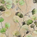 Vævet viscose/hør stof med bladprint i grønne nuancer