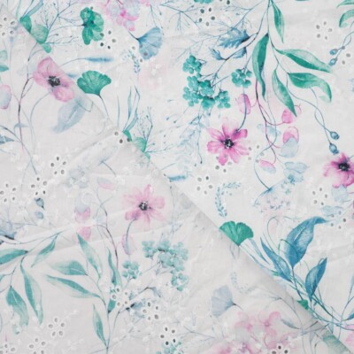 Mønstret vævet bomuldslærred 100 g/m² med broderi, petrol