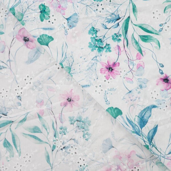 Mønstret vævet bomuldslærred 100 g/m² med broderi, petrol