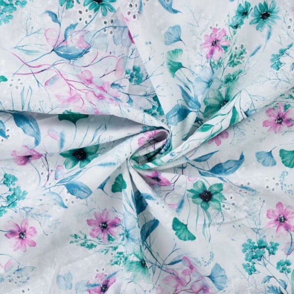 Bomuldslærred med broderede blomster i petrol farvevariant