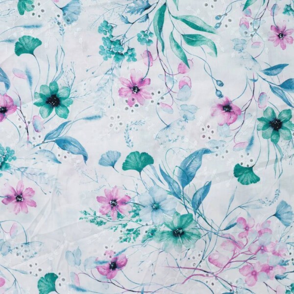 100% bomuld med broderi og forårsblomster i petrol, 145 cm bred