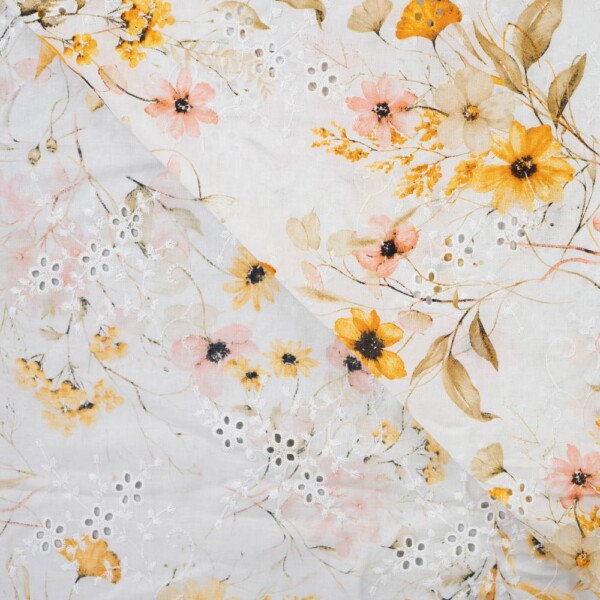 Vævet bomuldslærred med broderi og blomster i gul nuance