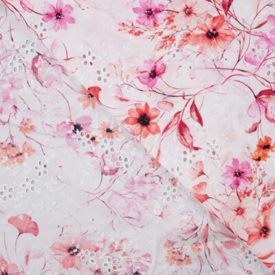 Bomuldslærred med broderi og blomster, fuchsia farvevariant